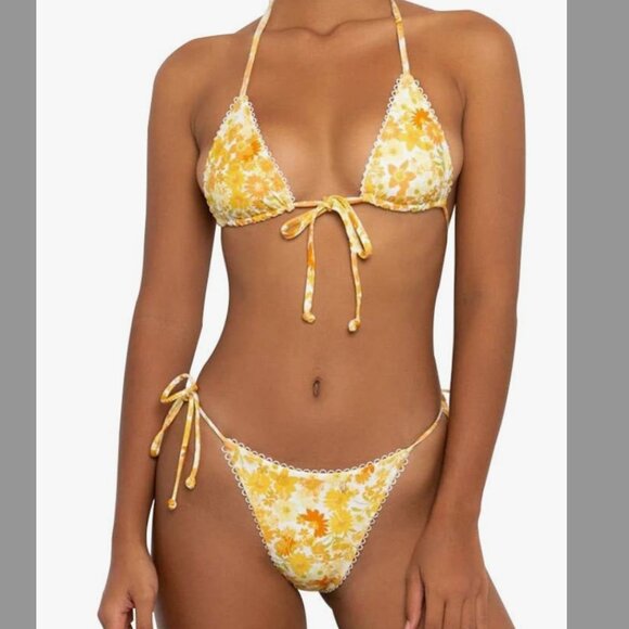 Yellow floral Triangle Bathing Suit Tie String Thong size small - Picture 1 of 3